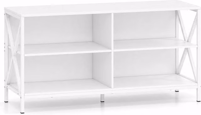 Gymax Modern White Metal TV Stand and Entertainment Centre with 4 Open Storage Shelves – 1