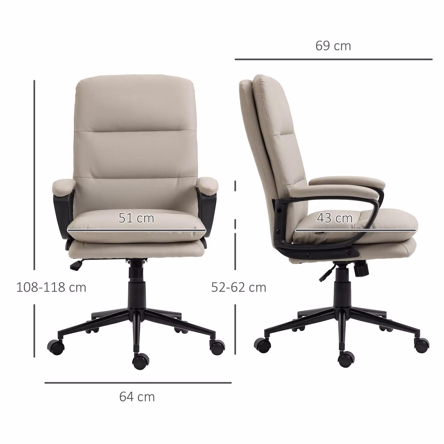 Vinsetto Ergonomic Swivel Office Chair in Grey PU Leather with Adjustable Height and Armrests, H 108 x W 64 x D 60 cm – 3