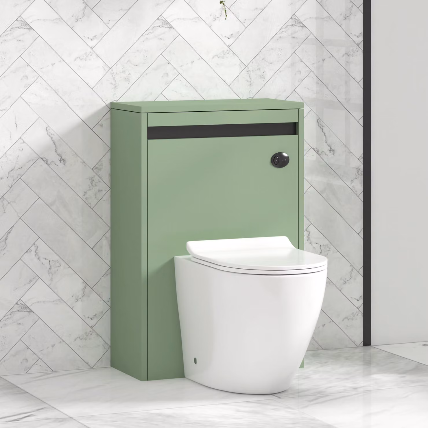 Royal Bathrooms Orion Mint Sage Wall Mounted WC Unit with Elva Rimless Ceramic Toilet Pan, Slim Soft Close Seat and Cistern with Black Accent Trim, Width: 54 cm
