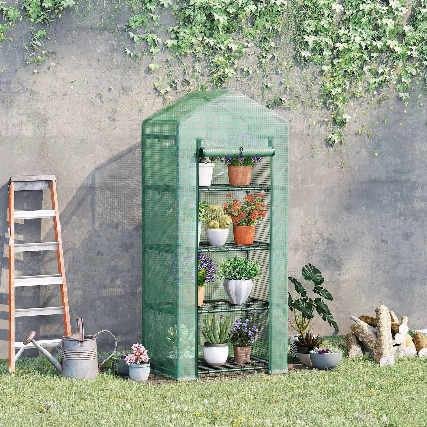 Outsunny 4 Tier Mini Greenhouse with Steel Frame and PE Cover, Green, W/D/H: 70 x 50 x 160 cm – 2