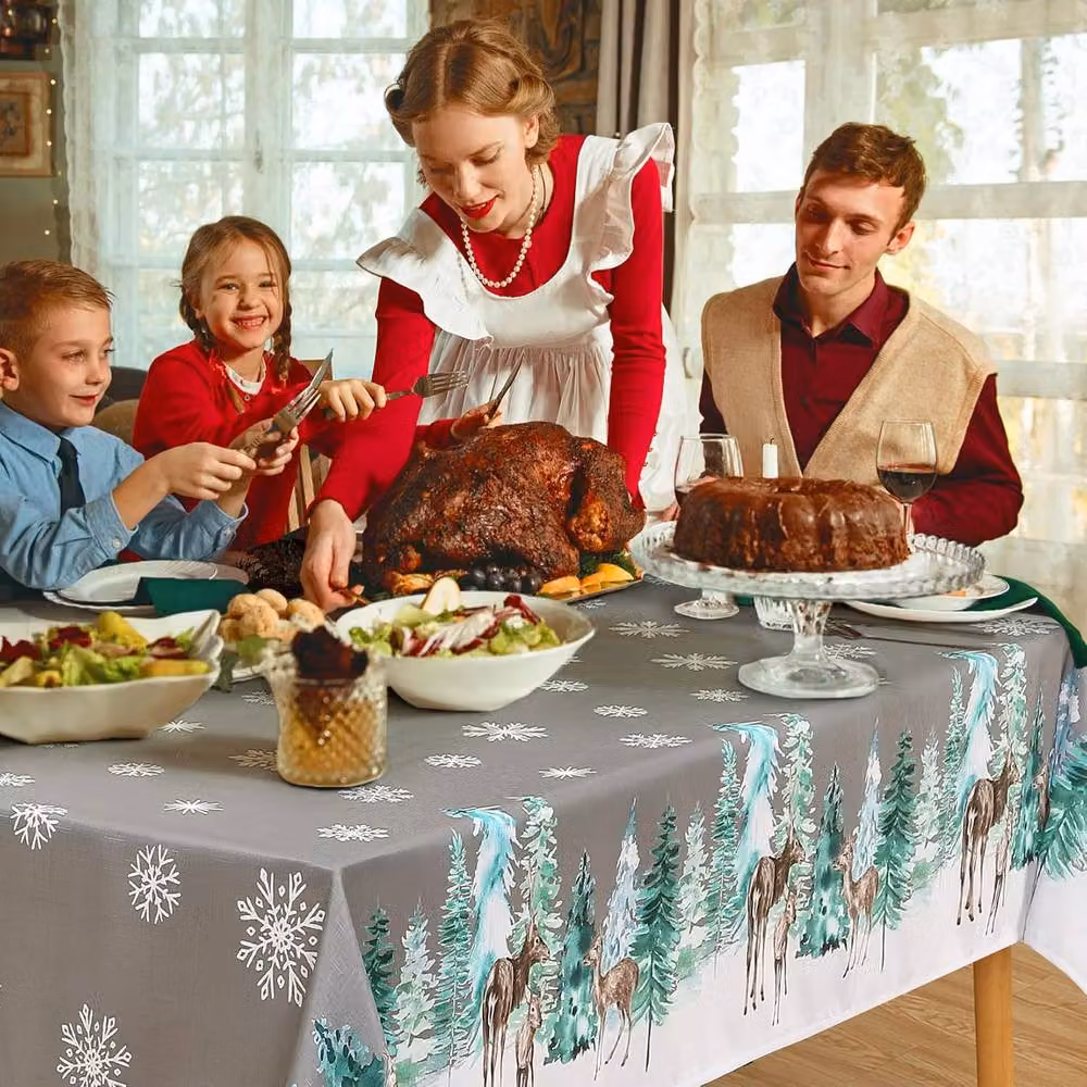 London Boutique Waterproof Christmas Tablecloth with Reindeer Print in Grey, W: 137.16 cm x D: 200.66 cm – 5