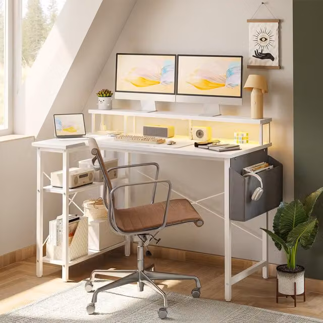 BEXEVUE L-Shaped Computer Gaming Desk with Power Outlets and Shelves, White, W: 120 cm, D: 70 cm – 1
