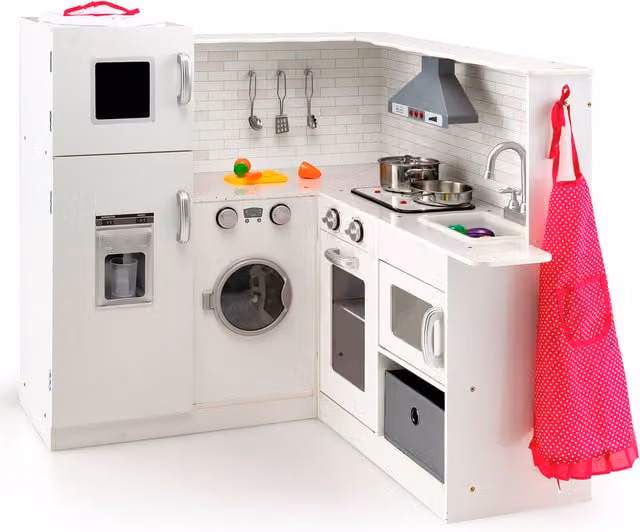 Costway White Metal Play Kitchen Toy with Stainless Steel Details