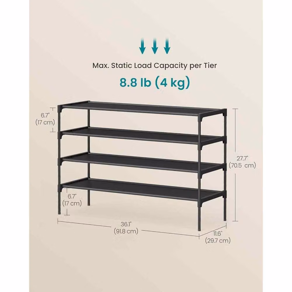 The Bazaarist 4 Tier Metal Shoe Rack with Fabric Shelves in Jet Black – 2