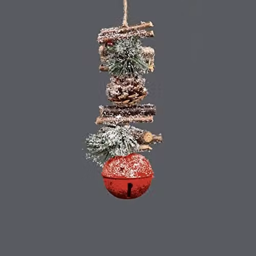 Shatchi Red Christmas Hanging Decoration with Jingle Bells, Wooden Sticks, Berries and Pinecones, 33 cm