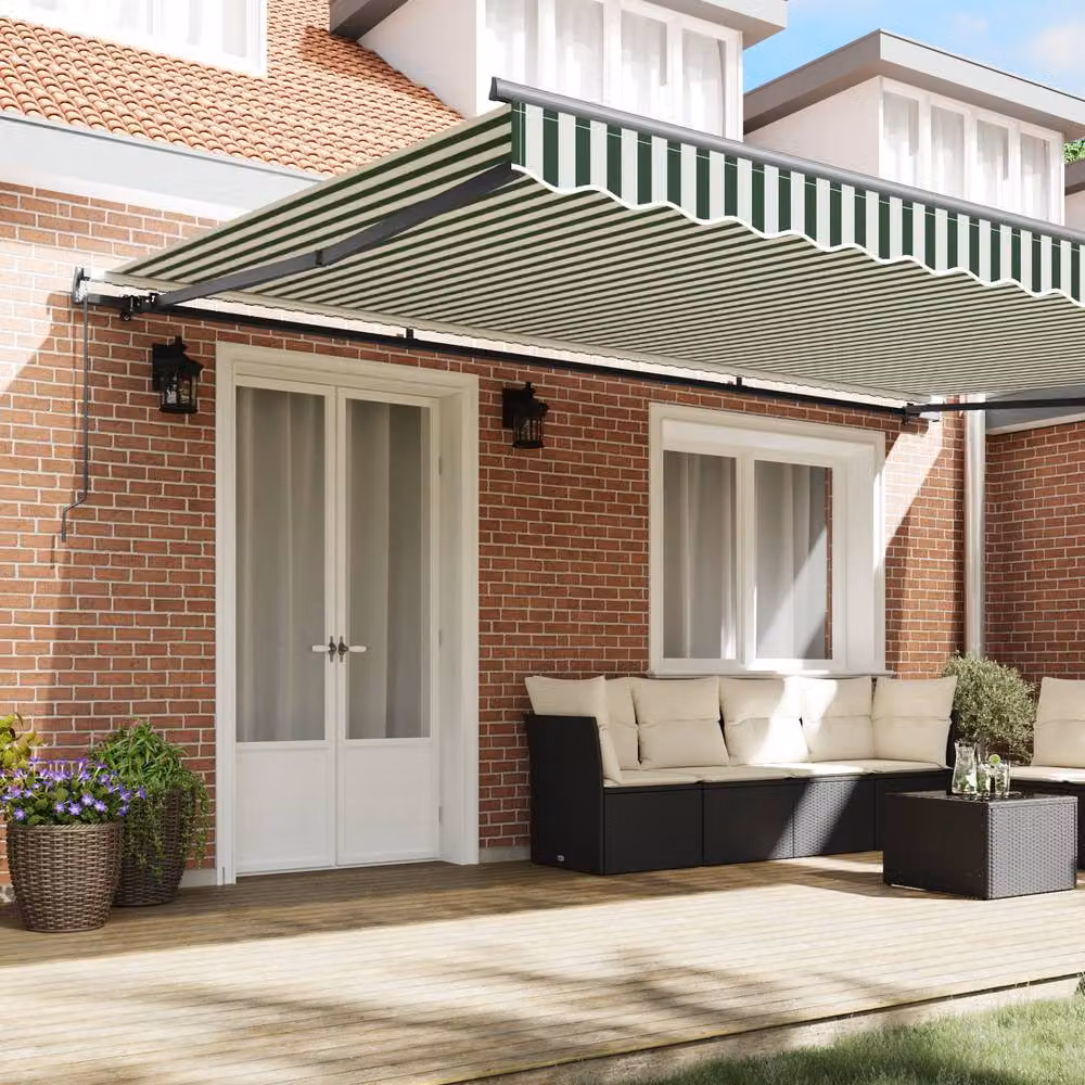 Berkfield Home Manual Retractable Wall-Mounted Folding Arm Awning in Green and White Striped, W: 500 cm, D: 300 cm – 3