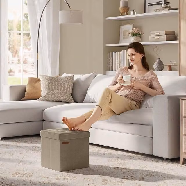 SONGMICS Small Foldable Storage Ottoman Foot Rest in Camel Brown