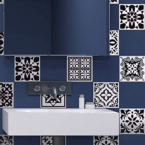 WALPLUS Mediterranean Geometric Wall Tile Sticker Set in Black and White, 24 pcs, 15 x 15 cm – 2