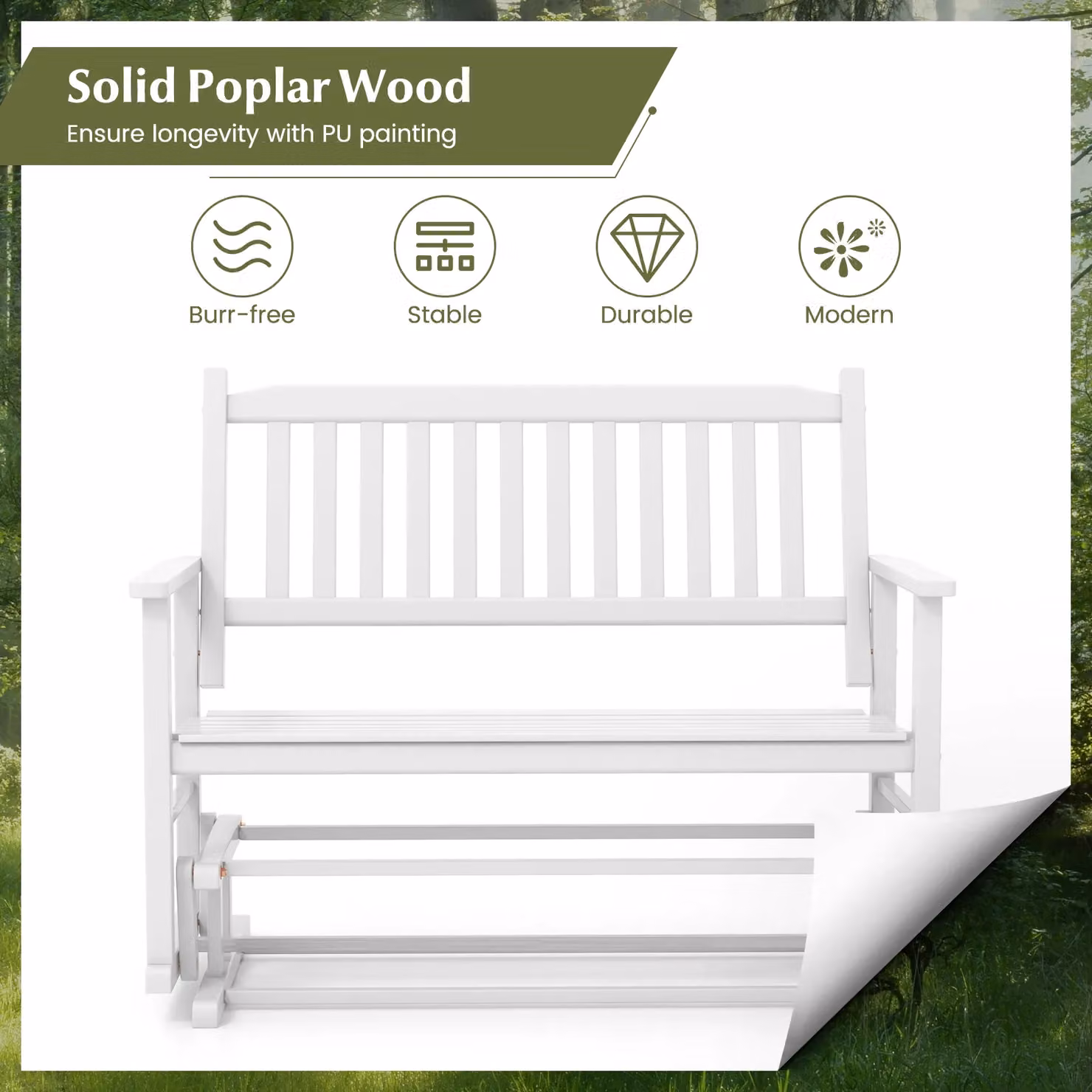 Costway 2 Seater Outdoor Glider Bench in White Poplar Wood with Armrests – 2