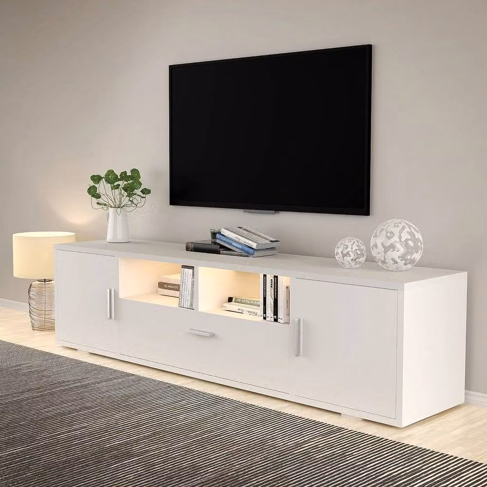 KORVIXA Modern High Gloss White Wood TV Stand with Integrated Lighting and Media Compartments, W/D/H: 160 x 40 x 35 cm – 2