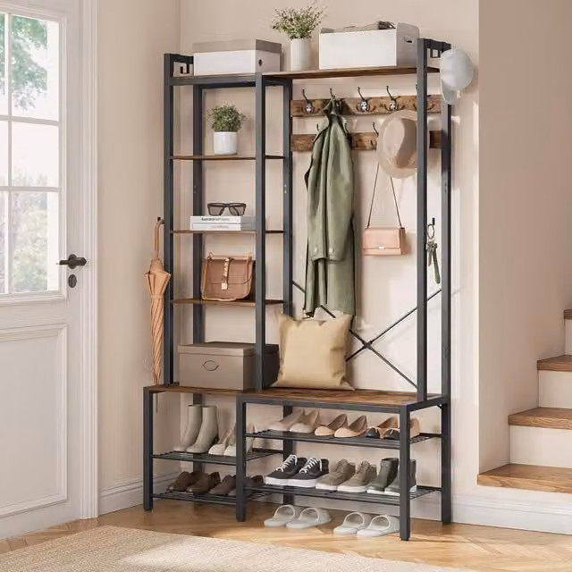 VASAGLE Industrial Hall Tree with Bench and Multiple Hooks in Black