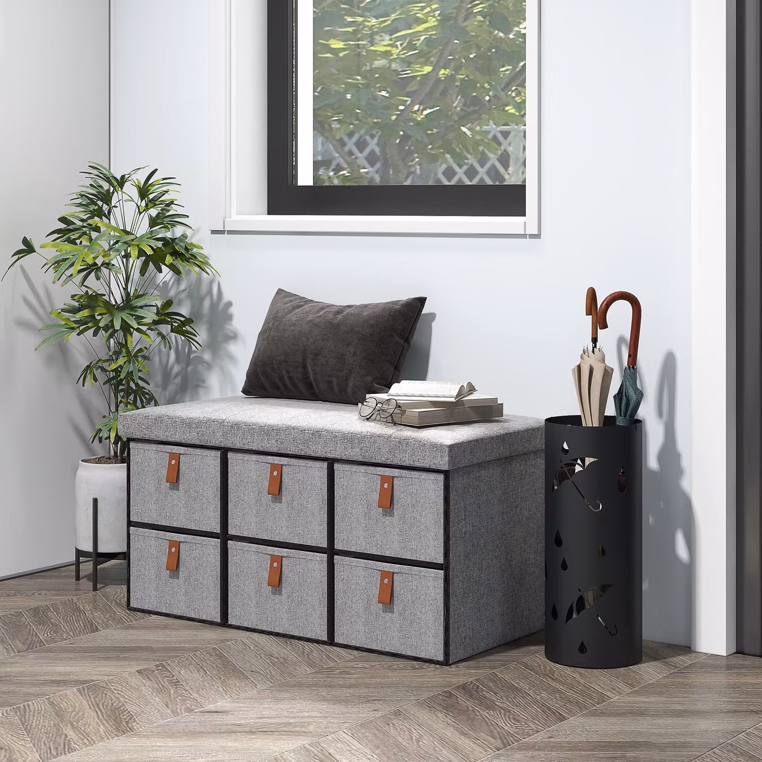 HOMCOM Shoe Storage Bench with Cushion and 6 Fabric Drawers, Light Grey, W: 120 cm, H: 45 cm, D: 38 cm – 2