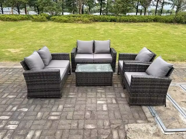 Fimous 6 Seater Grey Polyrattan Garden Furniture Set with High Back Sofas, Lounge Armchairs and Coffee Table – 1