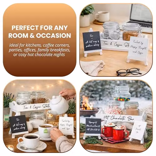 Marco Paul Interiors 6-Piece Hot Drinks Station Set with Wooden Serving Tray, 3 Transparent Glass Clip Top Jars and 2 White Easel Signs – 4