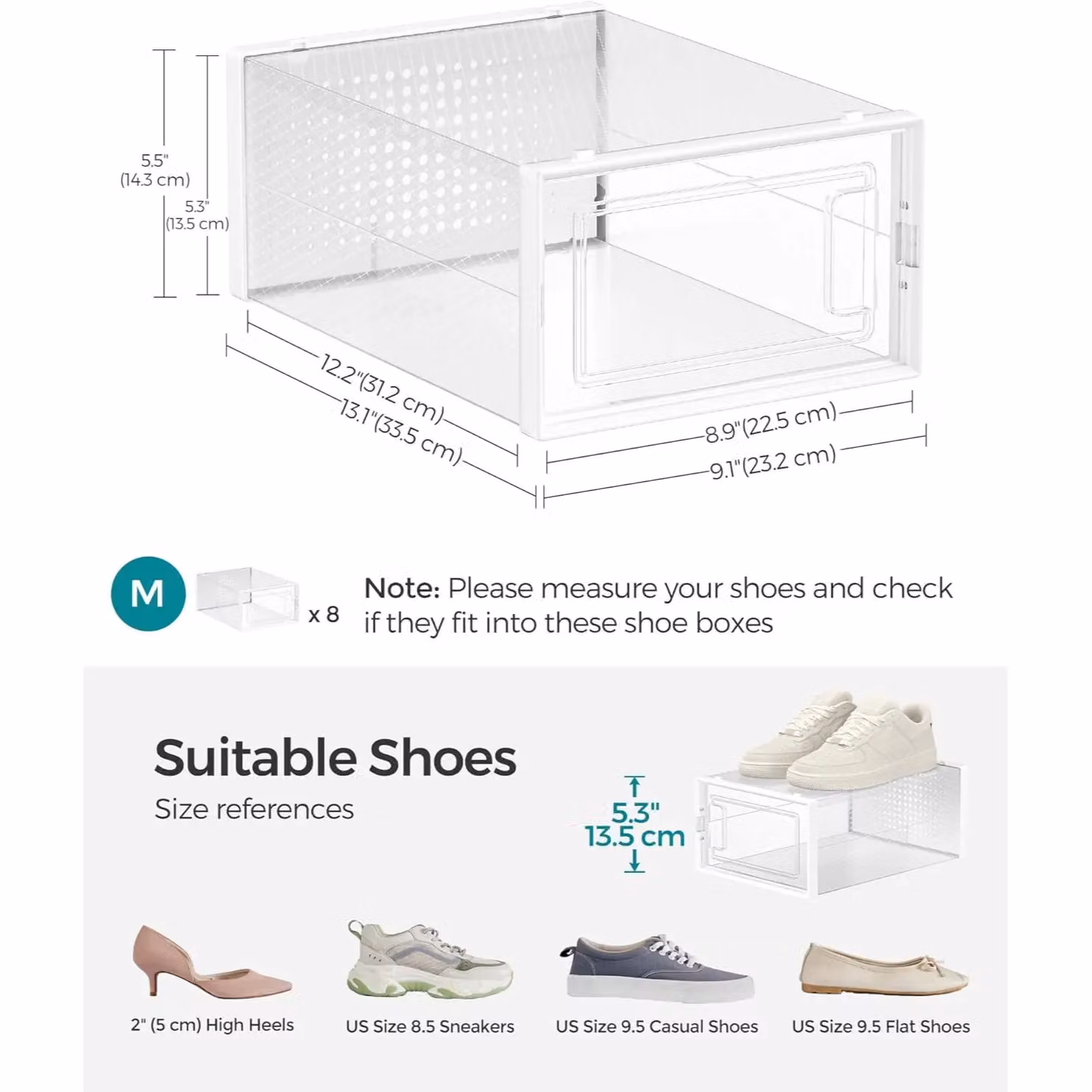 SONGMICS Pack of 8 Medium Stackable and Foldable Shoe Storage Organisers in Transparent Plastic – 3