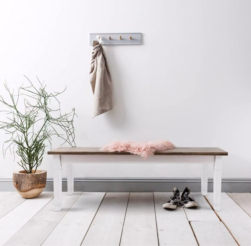 Nöa and Nani Canterbury 180cm Rustic Wood Hallway Bench and Shoe Rack in White and Dark Pine – 4