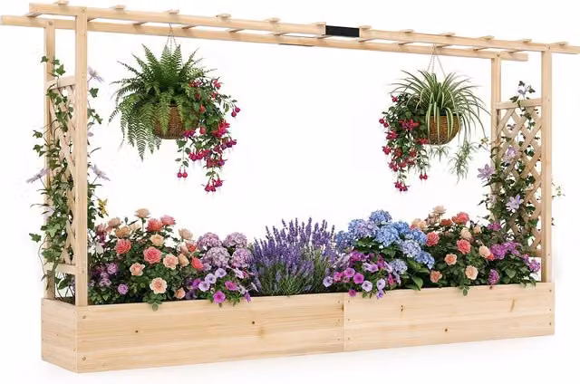 Costway Wooden Raised Garden Bed with Trellis in Brown