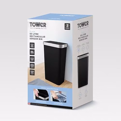 Tower Rectangular ABS Sensor Bin with Bin Liner Retainer Ring, 50L, Black, W/D/H: 38.0 x 26.0 x 63.5 cm – 6