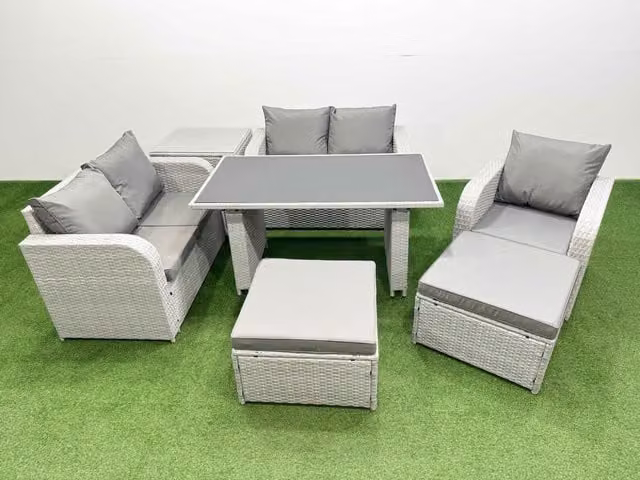 Fimous 7 Seater Outdoor Furniture Set in Light Grey with Love Sofa, 2 Stools and Side Table