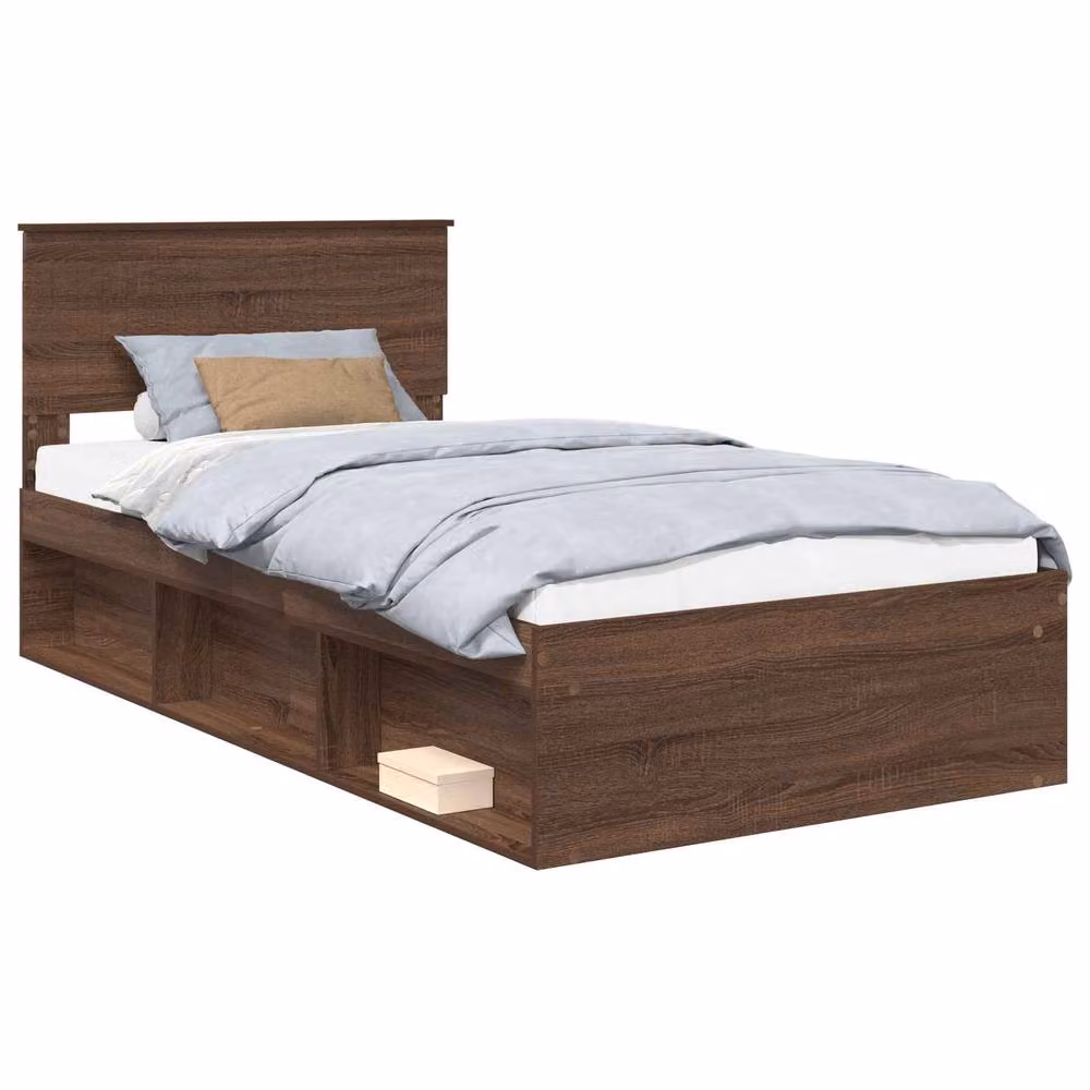 Berkfield Home Modern Bed Frame with Headboard in Brown Oak and Solid Pine Wood, W/D/H: 100 x 200 cm – 2