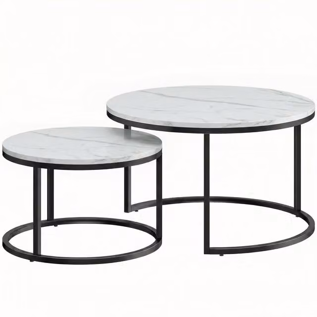 HOMCOM Set of Two White Marble-Effect Round Stacking Tables with Glossy MDF Tops and Metal Sled Bases