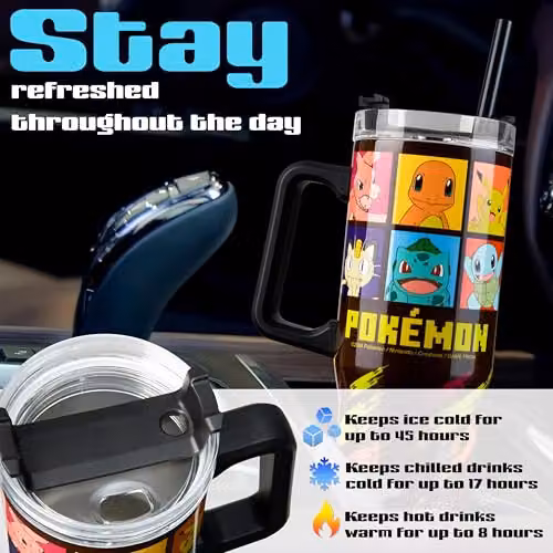 Pokemon Insulated Travel Mug with Straw and Handle, Black and Multicolour, 940ml – 6