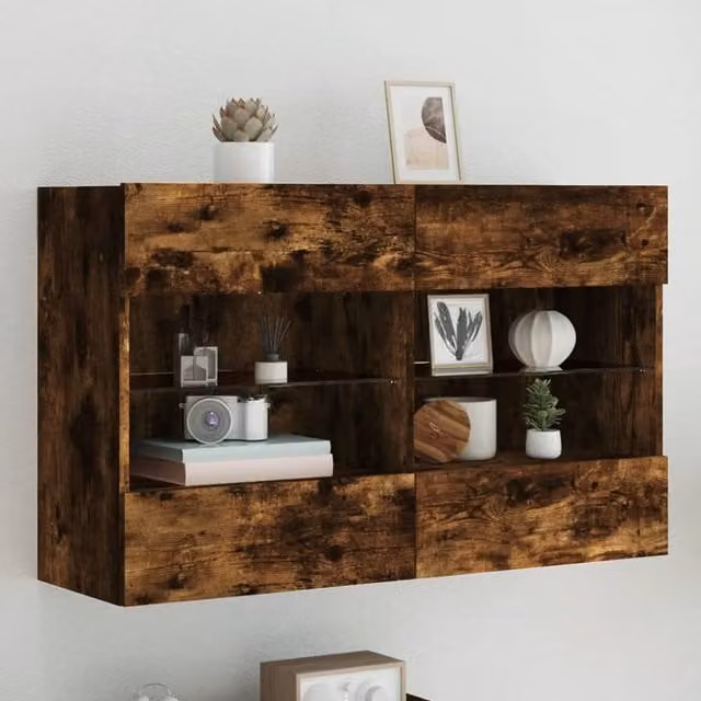Berkfield Home Modern Wall Mounted TV Cabinet with Integrated LED Lights in Smoked Oak Brown, W/D/H: 98.5 x 30 x 60.5 cm – 1