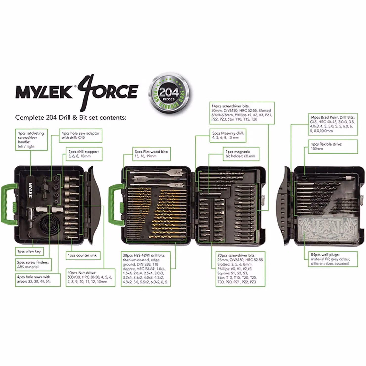 MYLEK MYW09 Cordless Drill with 204-Piece Accessory Kit in Black – 5