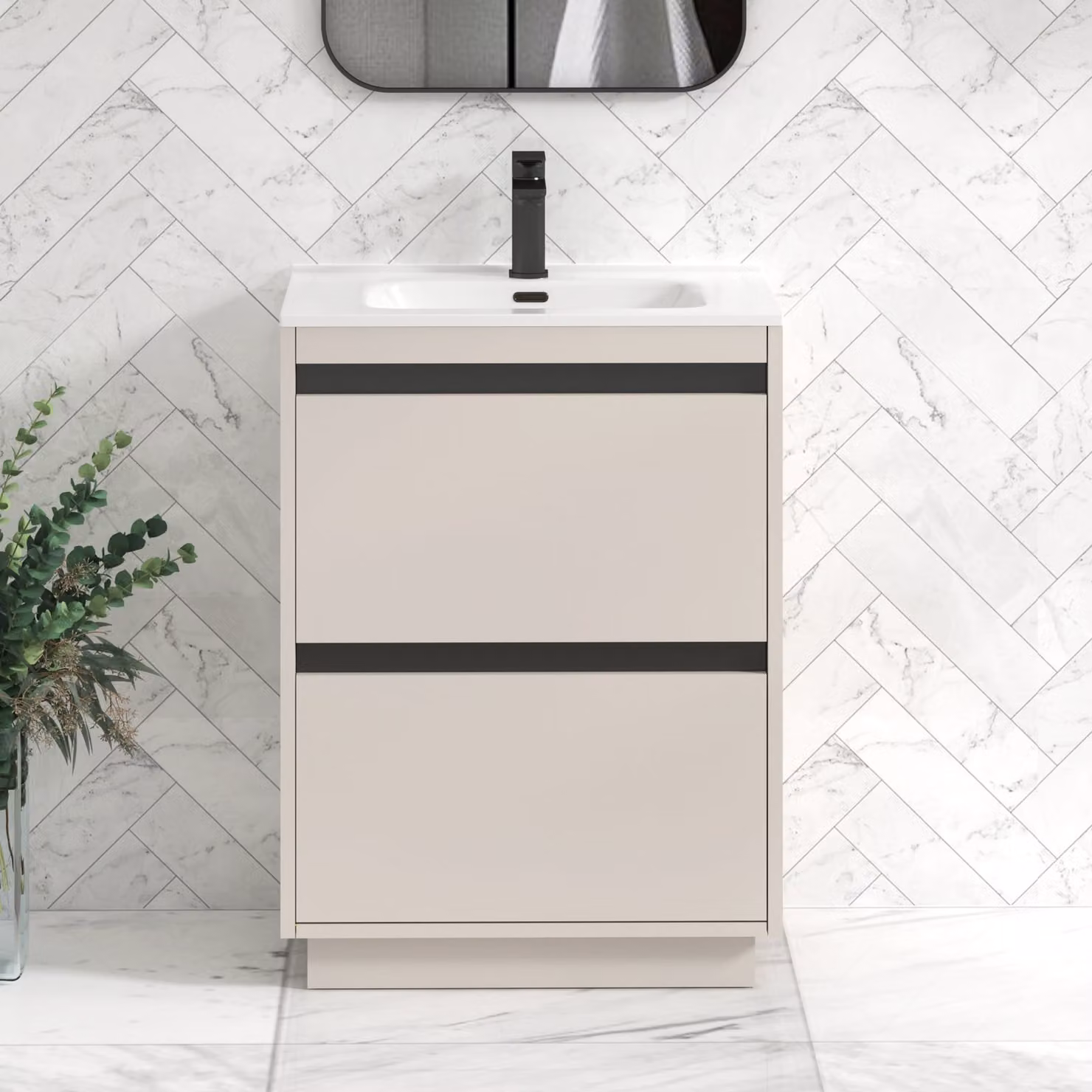 Royal Bathrooms Orion 600mm Warm Taupe 2 Drawer Floor Standing Vanity Unit with Ceramic Basin and Black Accent Trim