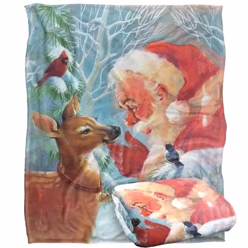 JQ Licensing Christmas Santa and New Fawn Super Soft Fleece Throw Blanket, White, W/D: 152 x 127 cm