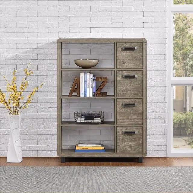 Ameriwood Home Eastlin Bookcase with Bins in Weathered Oak Brown