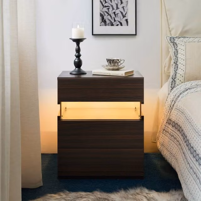 Matteo Modern LED Nightstand with Integrated Lighting and 3 Drawers in Brown Wood Finish
