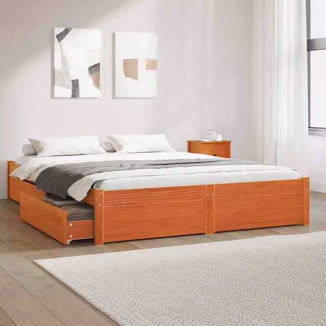 Berkfield Home Modern Solid Pine Wood Bed Frame with Drawers, Wax Brown, W/D/H: 140 x 200 cm