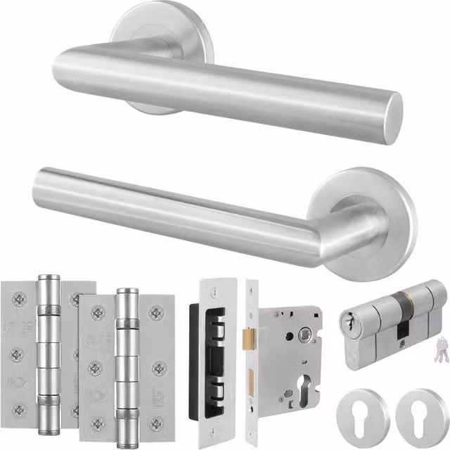 AFIT Satin Lever on Rose Euro Lock and Hinge Kit with Double Cylinder in Silver, 150 x 150 mm – 1