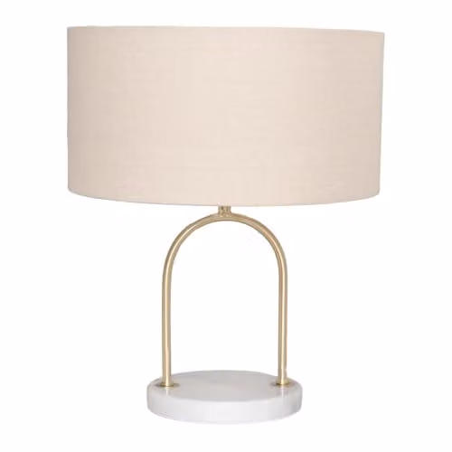 ValueLights Rachel Arch Table Lamp with Gold Brass Base, Marble Stand and White Fabric Shade, LED Bulb Included – 1