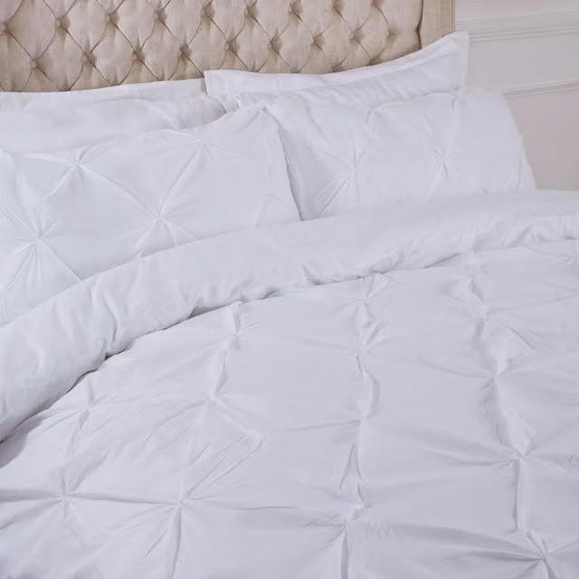 Highams Diamond Pintuck Duvet Cover and Pillowcase Set in White, W: 140 cm, L: 200 cm