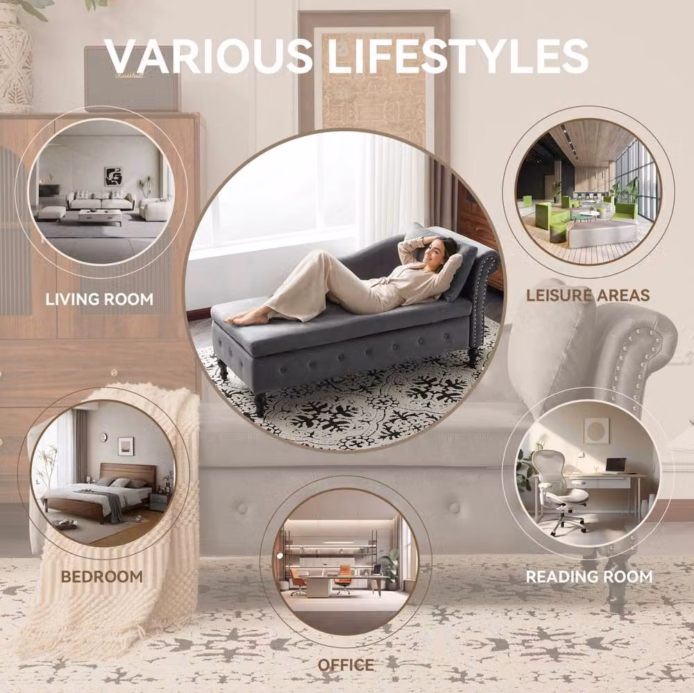 STILVORA Grey Velvet Chaise Lounge Sofa with Storage and Scatter Cushions – 6