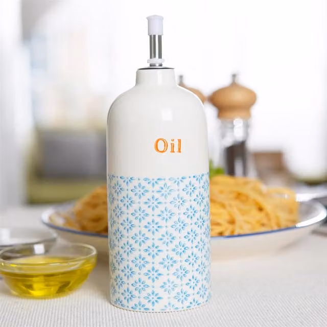 Nicola Spring Hand-Printed Olive Oil Pourer Bottle, 500ml, Blue and White