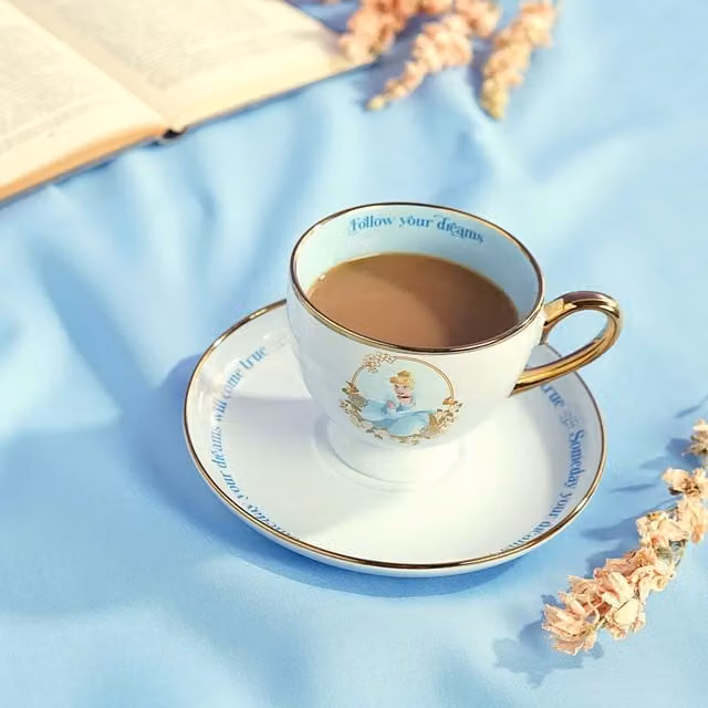 Disney Pastel Princess Cinderella Floral Tea Cup and Saucer in Blue and Gold