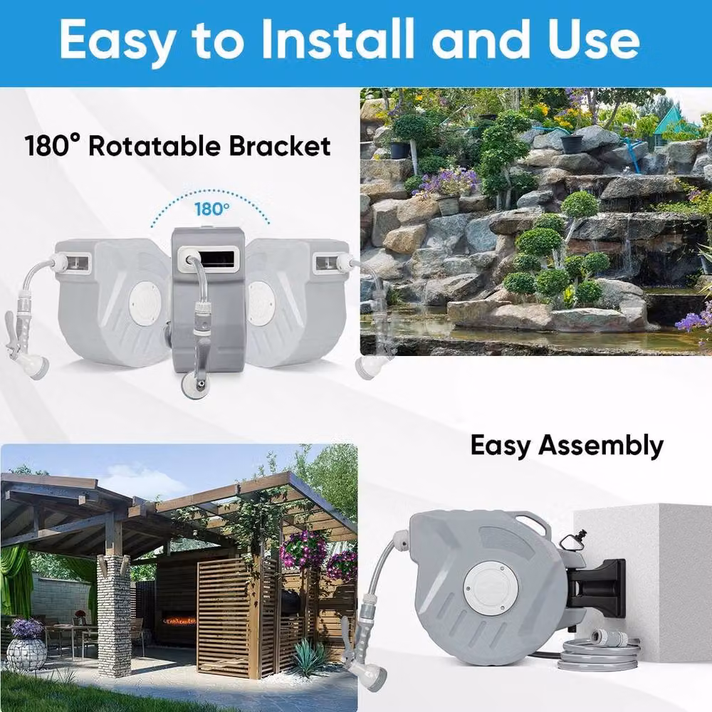 NESTLUNE Wall Mounted Automatic Garden Patio Hose Reel with 180 Degree Swivel in Grey, 20m – 5