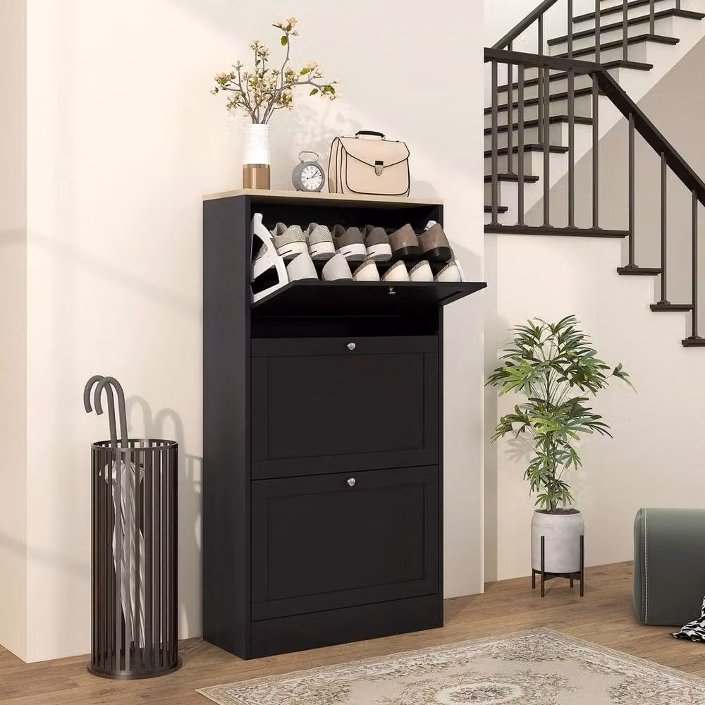 NESTLUNE Narrow Black Matt Shoe Cabinet with 3 Tilting Compartments, W: 100 cm, D: 15 cm – 2