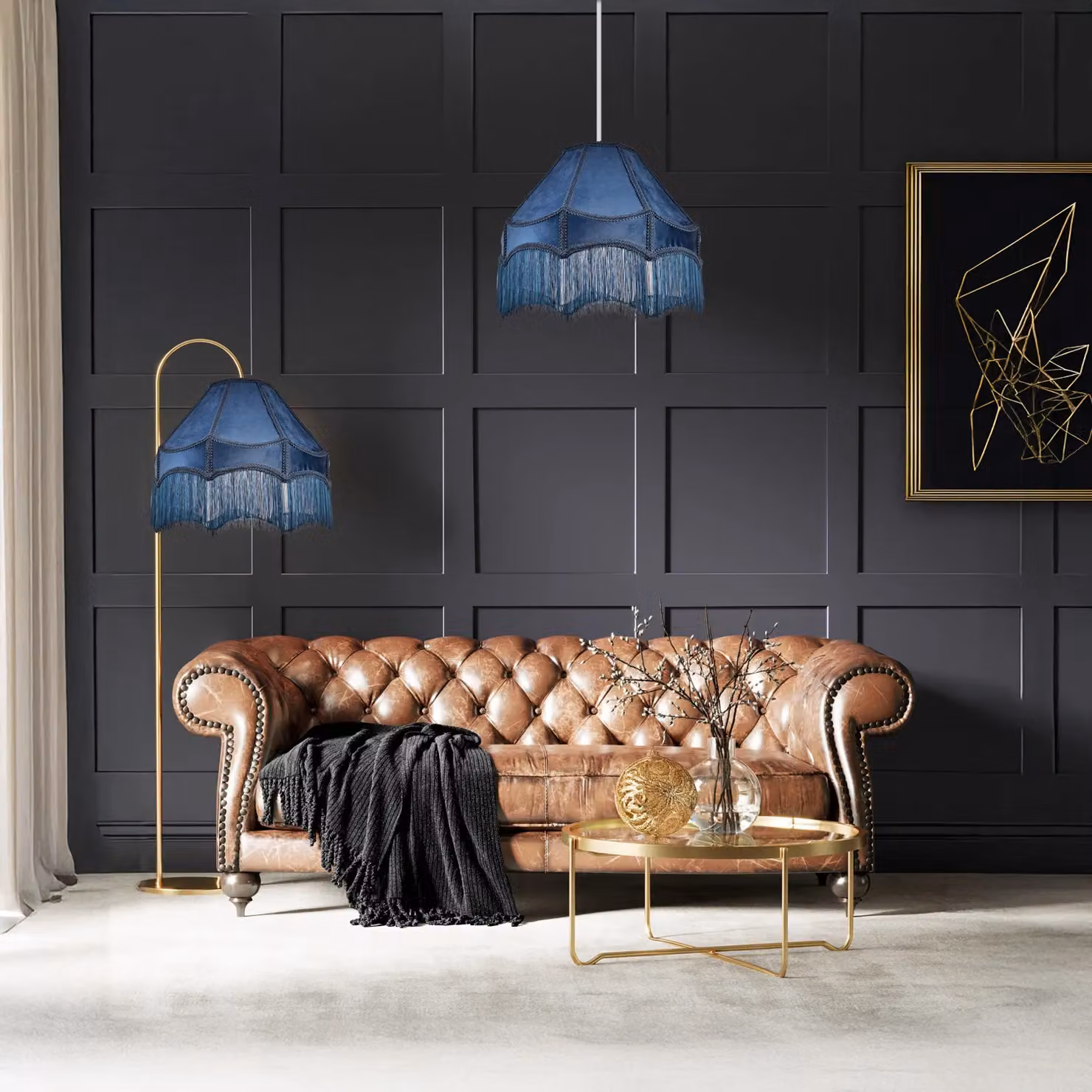 Happy Homewares Traditional Victorian Empire Soft Velvet Lamp Shade with Lengthy Tassels in Midnight Blue, Diameter: 40.64 cm – 6