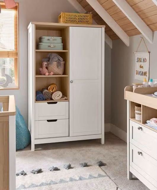 Mamas & Papas White Modern Pine Wardrobe with Sliding Doors and Soft Close Drawers
