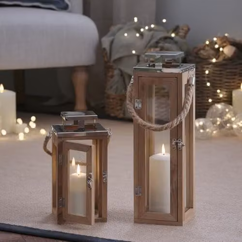 Lights4fun Salcombe Nautical Wooden Lantern Duo with TruGlow Battery Operated LED Pillar Candles in Brown and White, W/D/H: 34.0 x 13.0 x 26.0 cm – 2