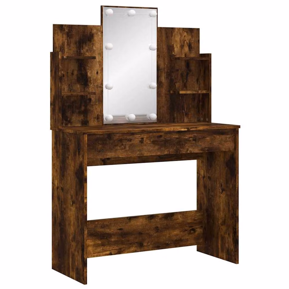 Berkfield Home Dressing Table with Hollywood LED Lights in Smoked Oak Brown, W: 96 cm, D: 40 cm, H: 142 cm – 3
