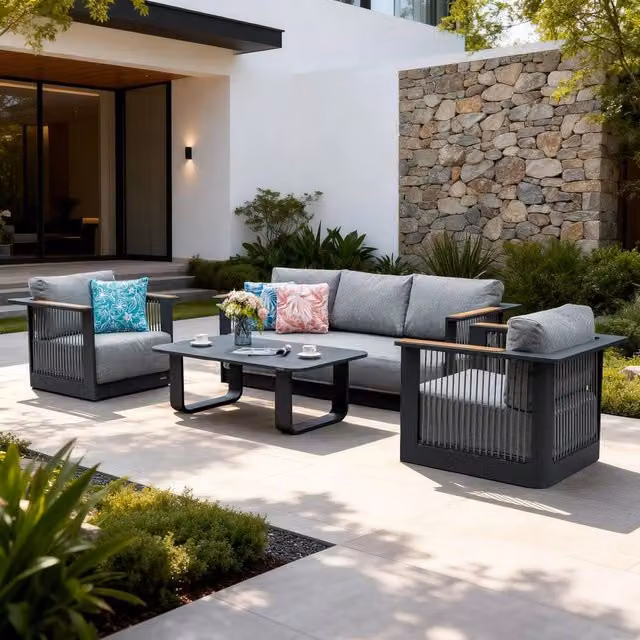 MIMO Garden Full Aluminium Rope Weave Sofa Set with Coffee Table in Grey – 1