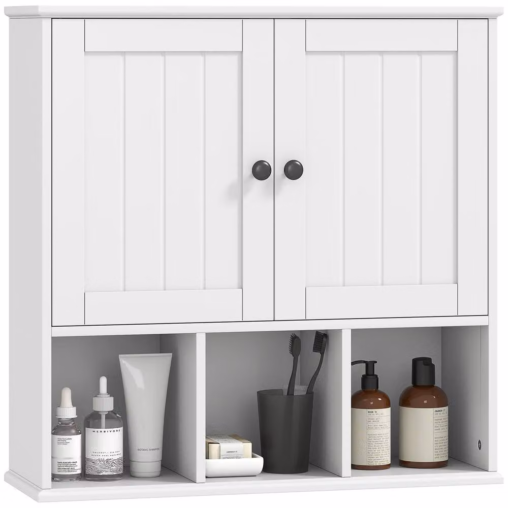 HOMCOM White Wall Mounted Bathroom Medicine Cabinet with Hinged Doors and Open Compartments, W: 60 cm, H: 60 cm – 2