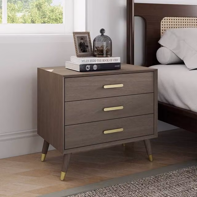 Melody Maison Oslo Large 3 Drawer Bedside Table in Brown and Gold
