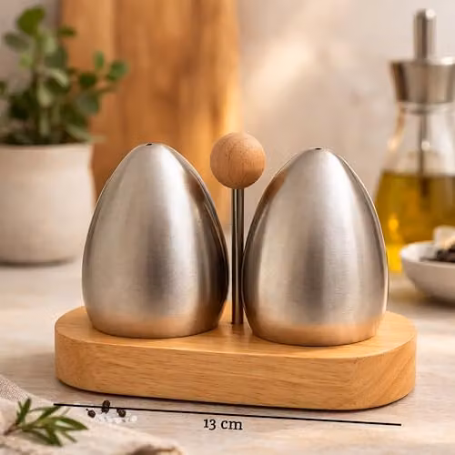 Orsina Stainless Steel and Rubberwood Salt and Pepper Shaker Set with Stand, Silver, H 13 x W 9 x D 7 cm – 2