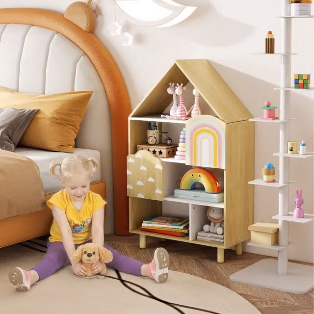 Costway Brown House-shaped Childrens Bookshelf